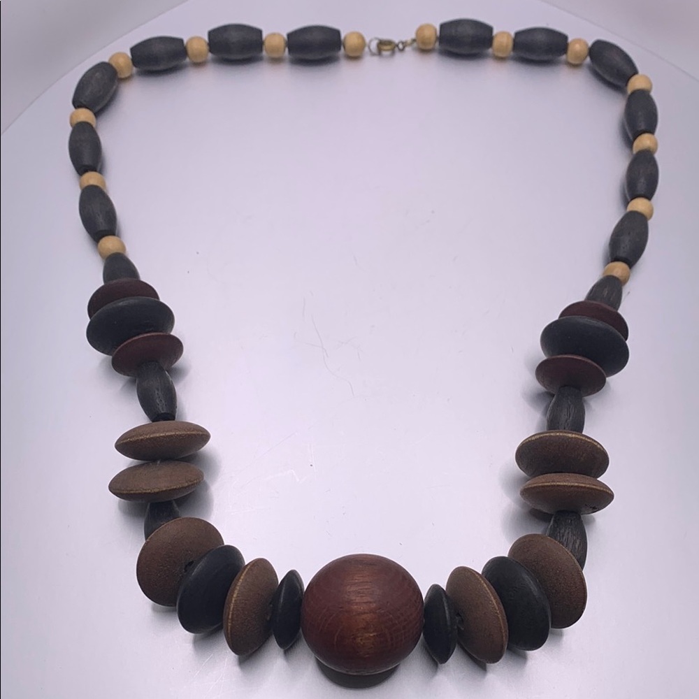 Vintage Black Brown‎ and Cream Wood Beaded Necklace 22” Spring Ring Clasp